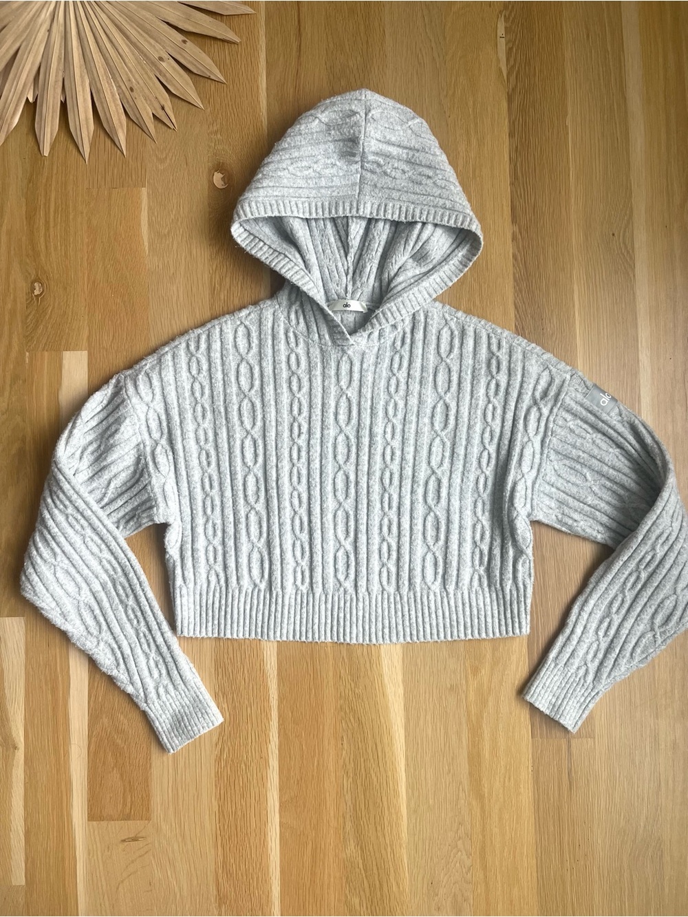 ALO Yoga Light Gray Cable-Knit Cropped Hoodie